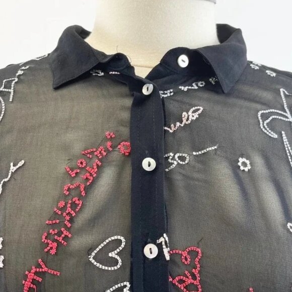ALLSAINTS NWOT SM KYRA GRAFF SHIRT SHEER GRAFFITI BUTTON FRONT BLACK RED WHITE - Picture 3 of 7